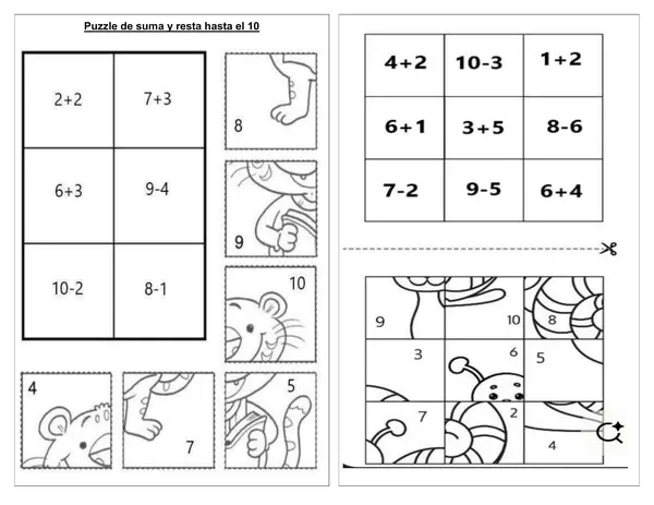 Puzzles matemáticos de suma y resta hasta 10