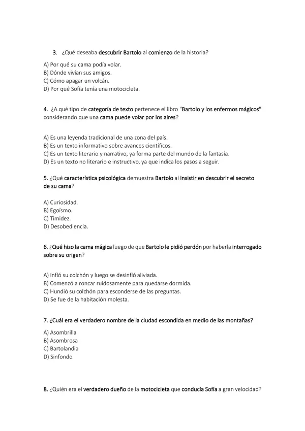 Evaluación de lectura complementaria "Bartolo y los enfermos mágicos"