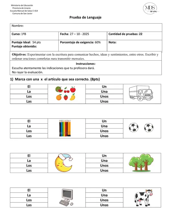 Prueba Lenguaje 1° básico oraciones