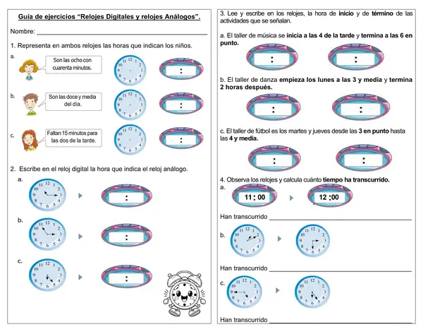 Guía de matemática 3° año "Actividades con relojes análogos digitales"