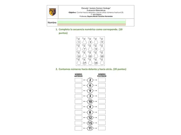 Evaluación Antecesor y sucesor hasta el 20