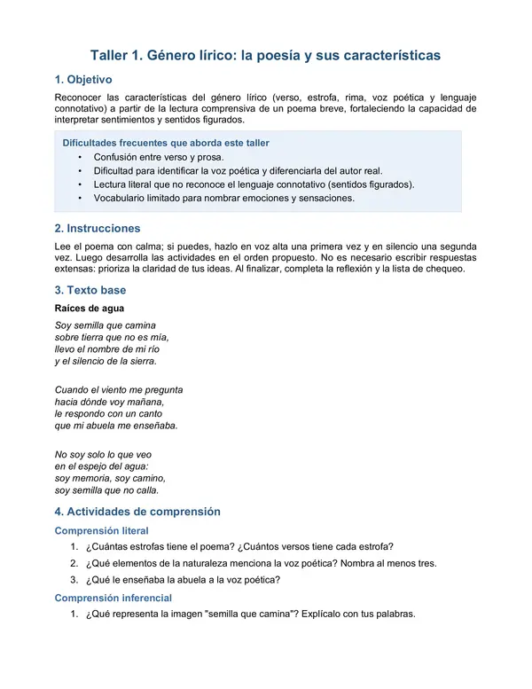 Taller de apoyo - Género lírico, Cuento y fábula, texto expositivo y texto argumentativo. 