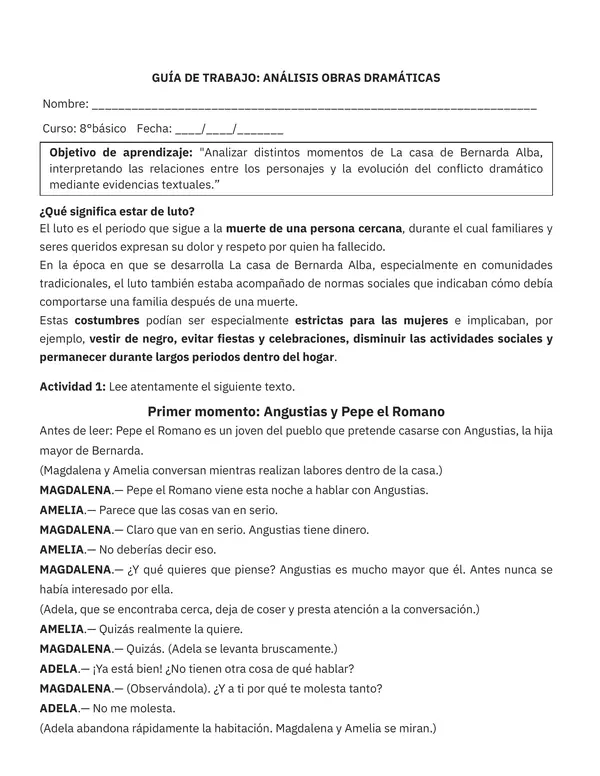 Guía de Trabajo: La casa de Bernarda Alba – Conflictos, Relaciones e Inferencias