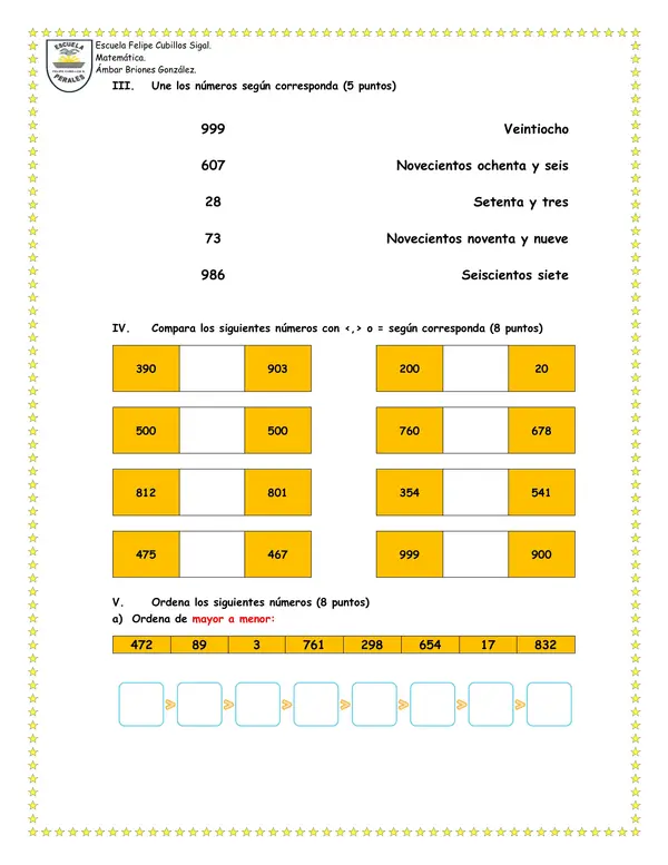 Evaluación Números hasta el 1.000