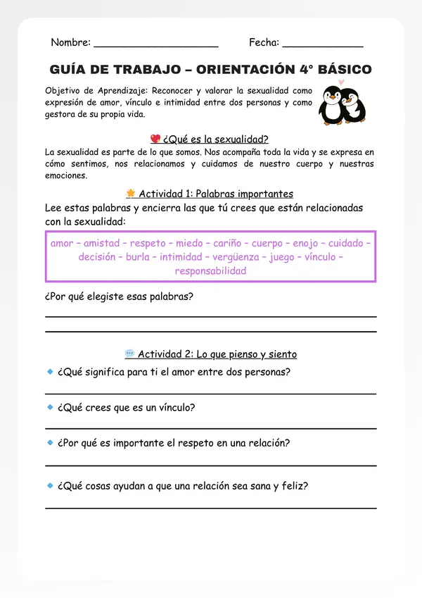 💖 Guía de trabajo: “Conociendo la sexualidad con respeto y cariño” – Orientación 4° básico