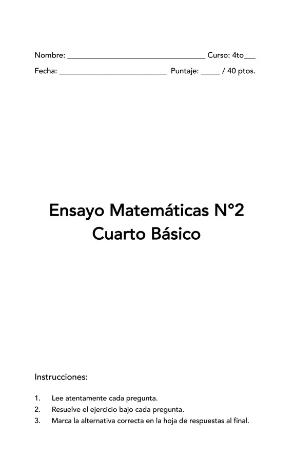 2° Ensayo SIMCE Matemáticas Cuarto Básico