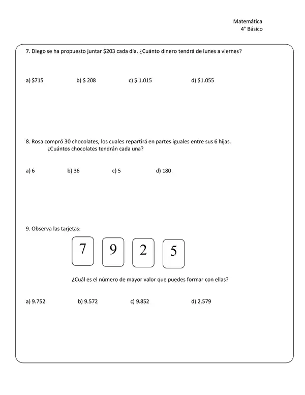 ENSAYO SIMCE 4° BÁSICO MATEMATICA