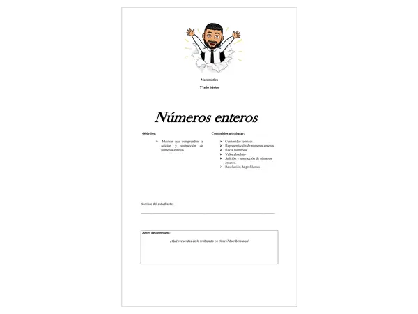 OA 1.- Números enteros cuadernillo de trabajo 7° básico