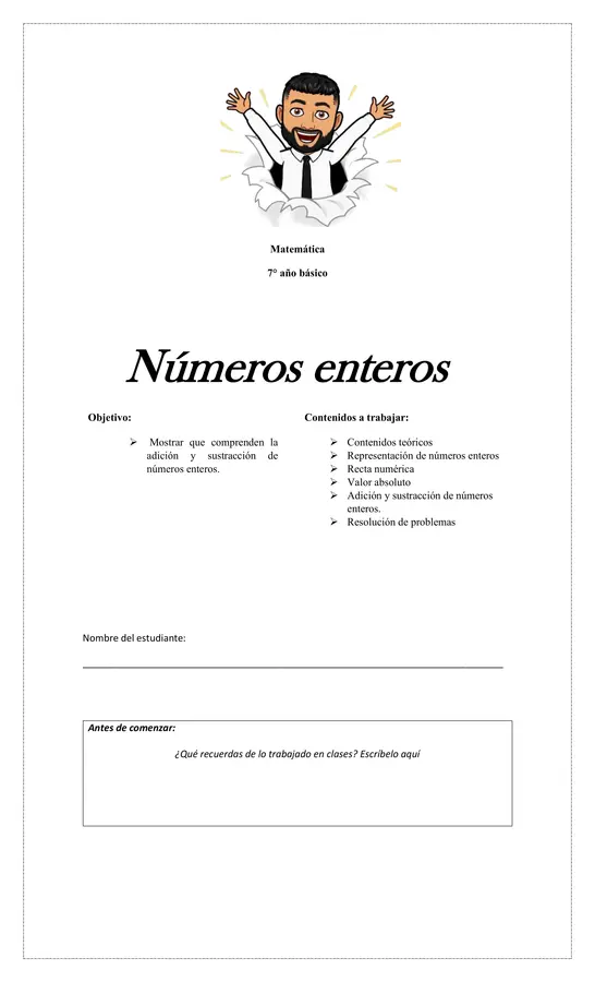 OA 1.- Números enteros cuadernillo de trabajo 7° básico