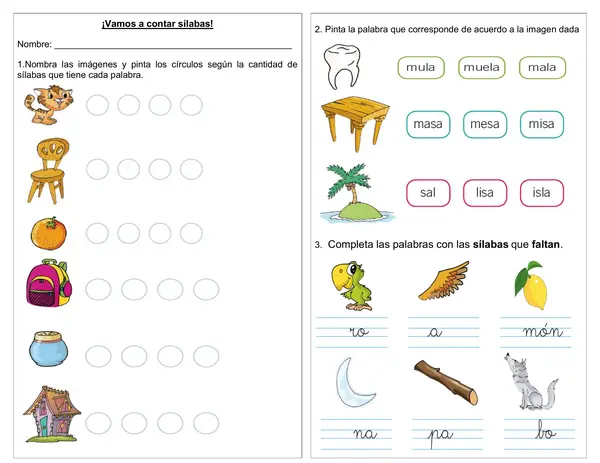 Guía 1° básico "Contar sílabas, leer palabras con L, escribir sílabas"