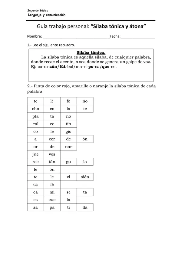 Guía Sílaba tónica y átona. 