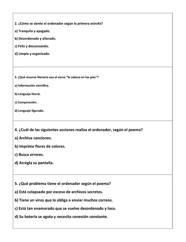 Comprensión lectora: Poema - El desordenador