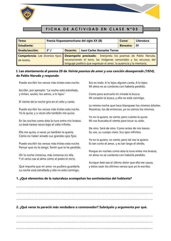 Actividad de Lectura: Poesía hispanoamericana del siglo XX – Pablo Neruda