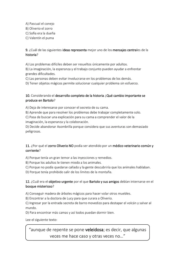 Evaluación de lectura complementaria "Bartolo y los enfermos mágicos"