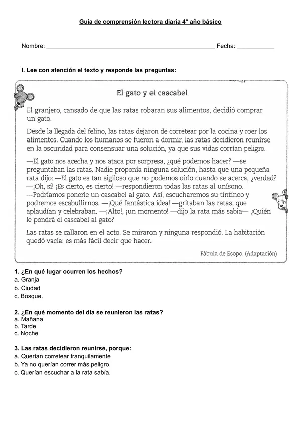 Guía de comprensión lectora fábula "El gato y el cascabel" 3°-4° año
