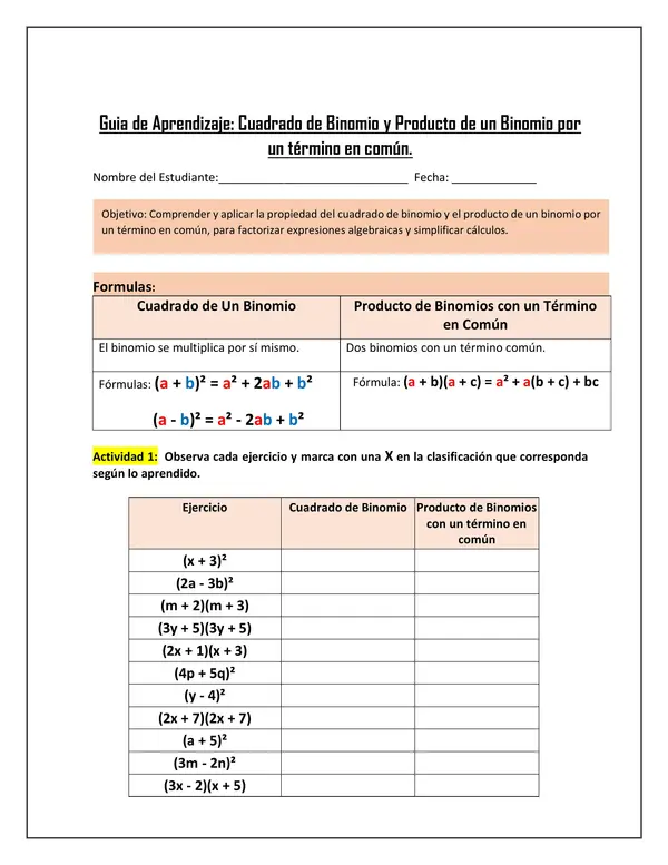 Guia de productos notables: cuadrado de binomio y producto de binomios con un término en común