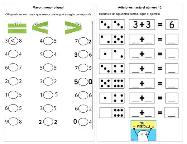 Guía de matemática 1° año básico "Mayor, menor, igual, sumas hasta el 9"