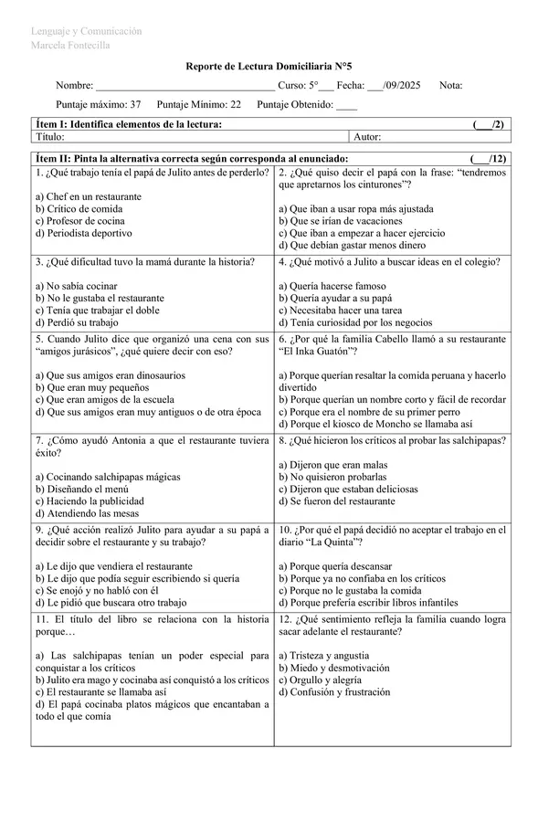 Reporte de lectura Julito Cabello y las salchipapas mágicas
