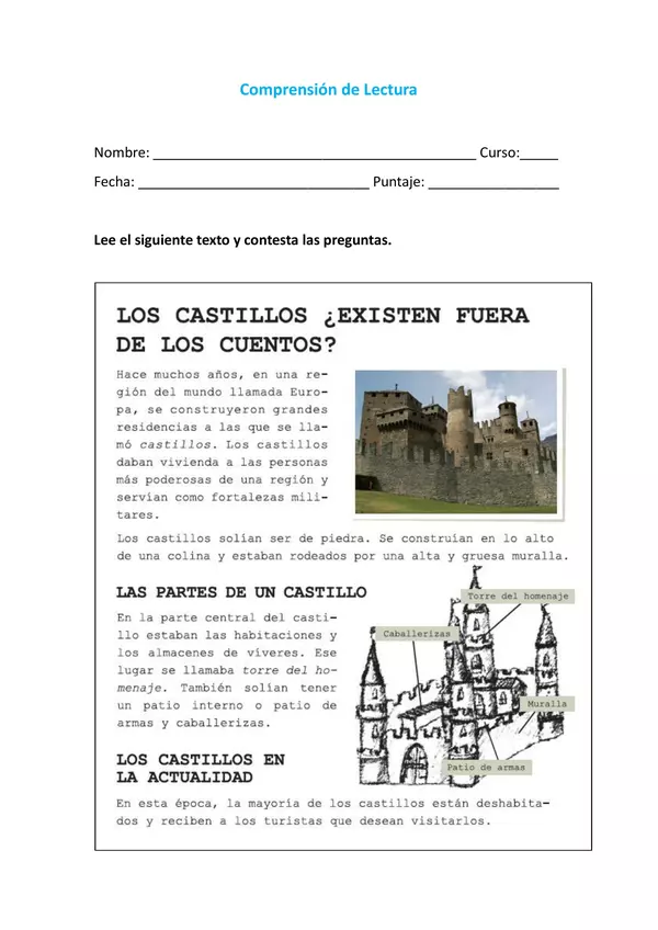 Comprensión de lectura artículo informativo "Los castillos"