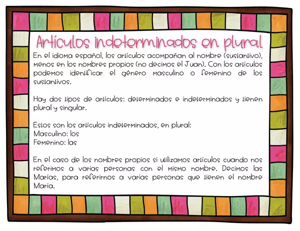 Juego Memoria Artículos Indeterminados en Plural en Español