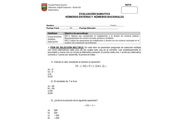 EVALUACIÓÓN MATEMÁTICA NÚMEROS RACIONALES Y ENTEROS