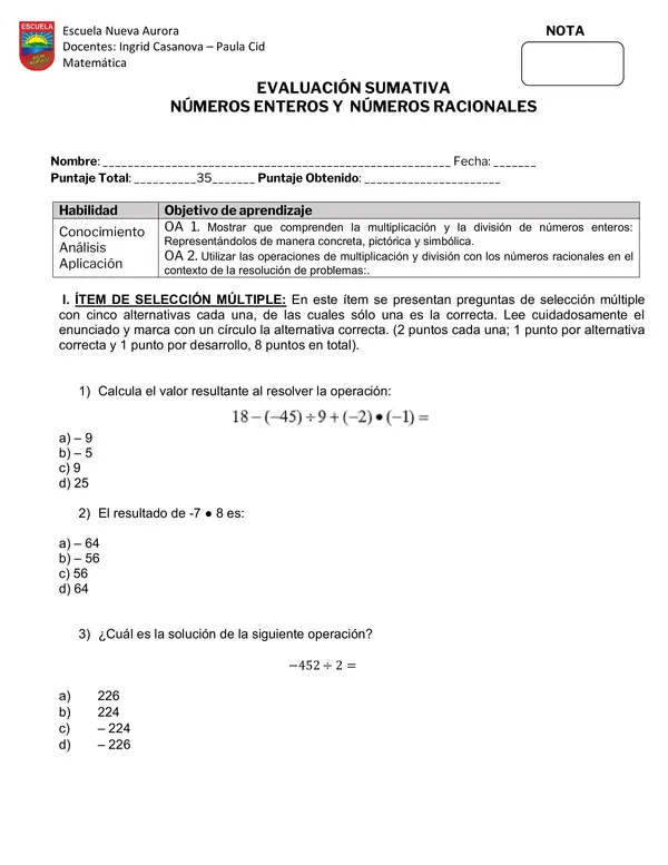 EVALUACIÓÓN MATEMÁTICA NÚMEROS RACIONALES Y ENTEROS