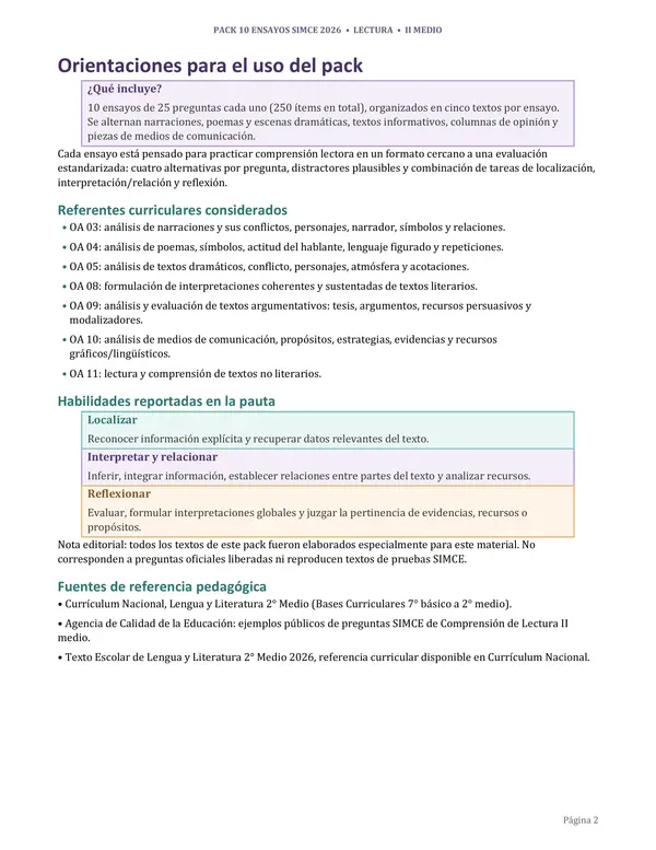 Pack ensayo SIMCE - Lenguaje II medio 