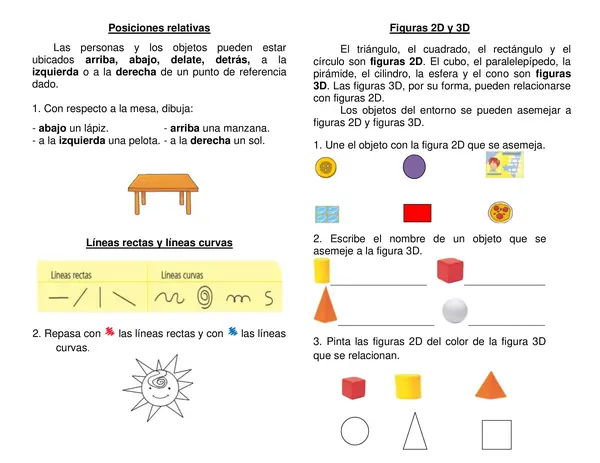 Guía de síntesis " Posiciones relativas, figuras 2D y figuras 3D"Primero básico.