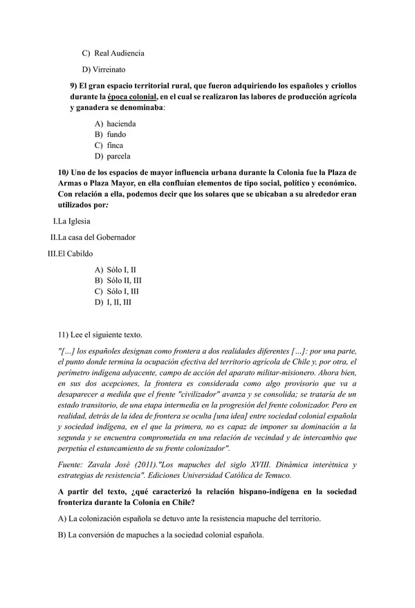 PRUEBA UNIDAD 2 “FORMACIÓN DE LA SOCIEDAD AMERICANA Y DE LOS PRINCIPALES RASGOS DEL CHILE COLONIAL”
