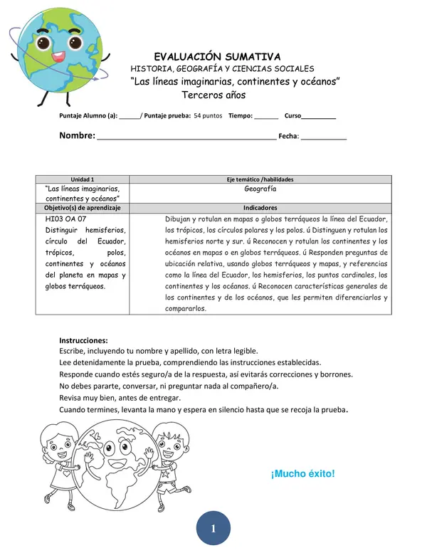 Prueba editable de geografía “Las líneas imaginarias, continentes y océanos”