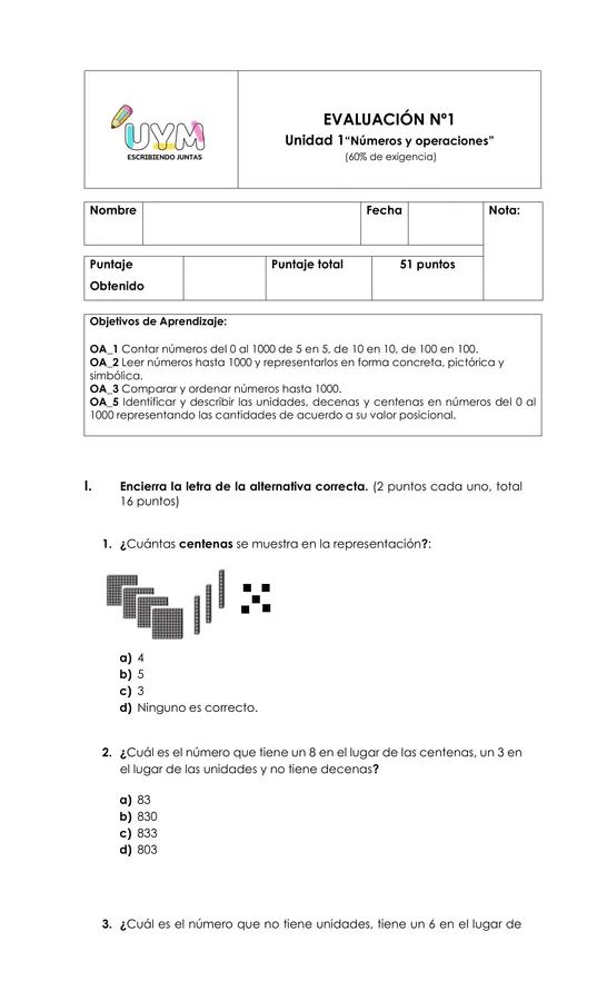 evaluación matemática "Números y operaciones"