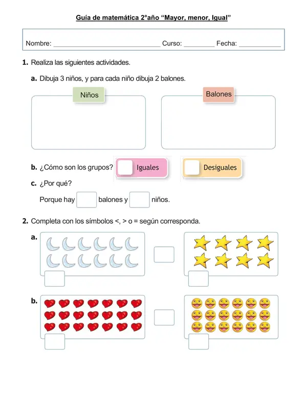 Guía de matemática 2°año "Mayor, menor o igual"