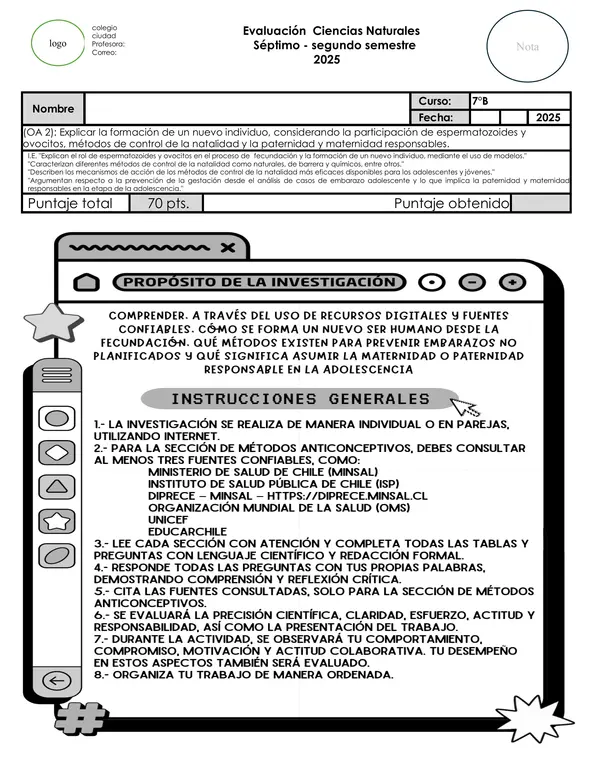 Ciencias Naturales – Fecundación, Métodos Anticonceptivos y Paternidad Responsable 7° Básico