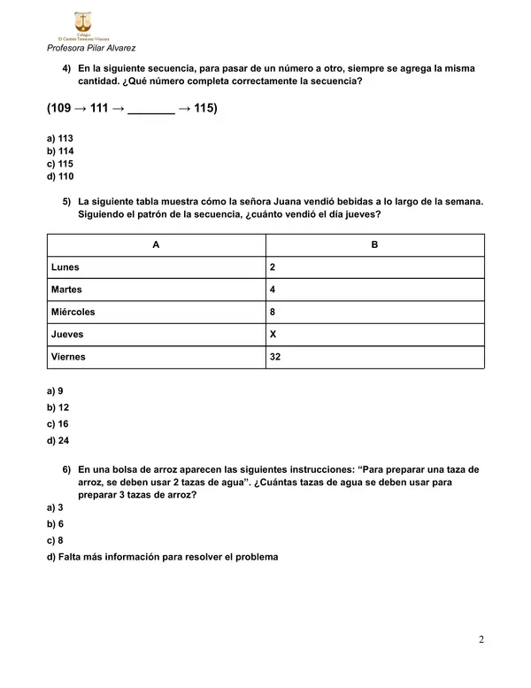 4to Matemática prueba Patrones y ecuaciones