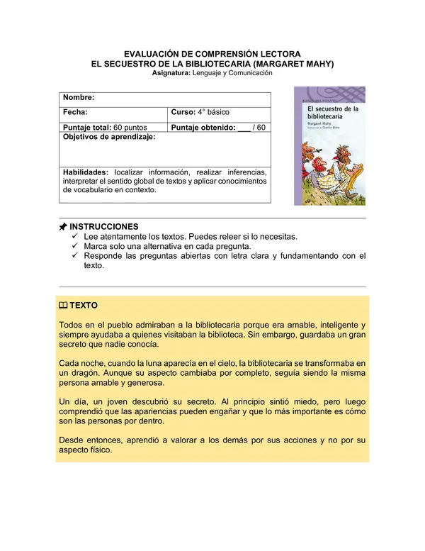 Prueba del libro "El secuestro de la bibliotecaria" (Margaret Mahy)