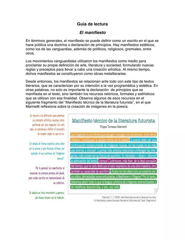 Guia de lectura El manifiesto, Cuarto MEDIO, Lenguaje