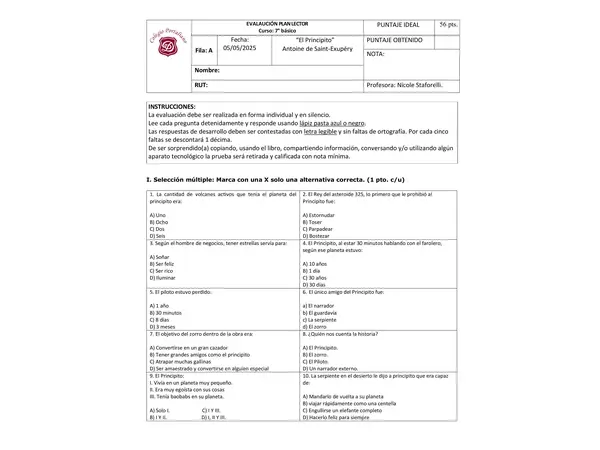 Evaluación plan lector "El Principito"