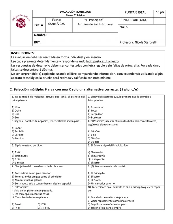 Evaluación plan lector "El Principito"