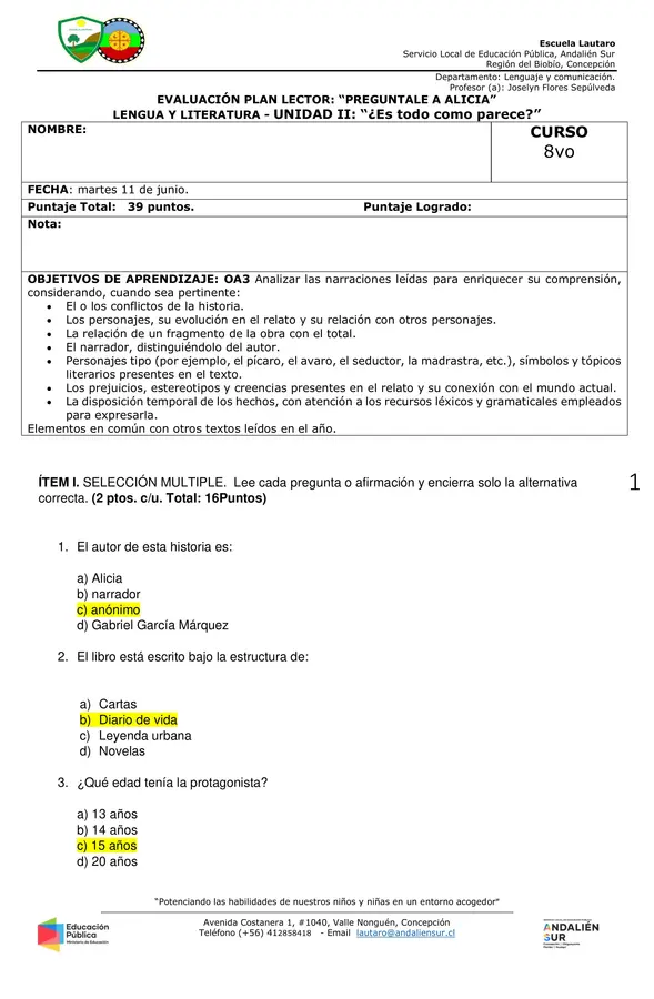 Prueba Pregúntale a Alicia 8vo básico.