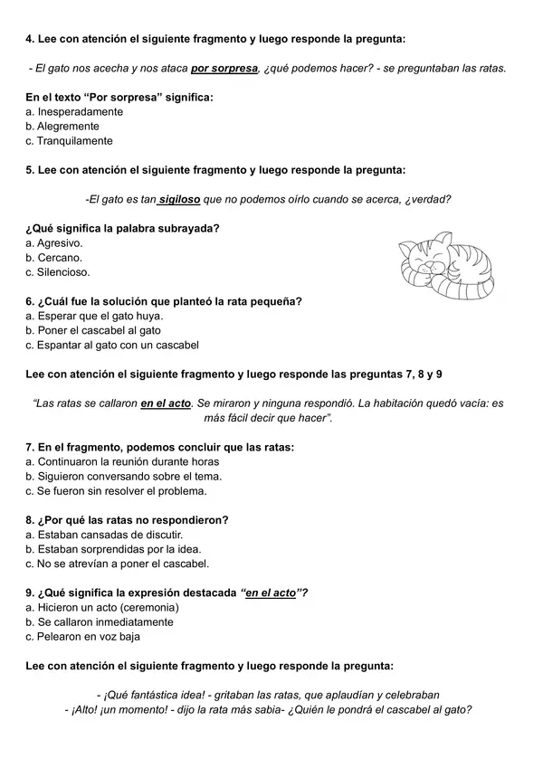 Guía de comprensión lectora fábula "El gato y el cascabel" 3°-4° año