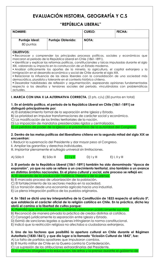 Prueba Historia - República Liberal