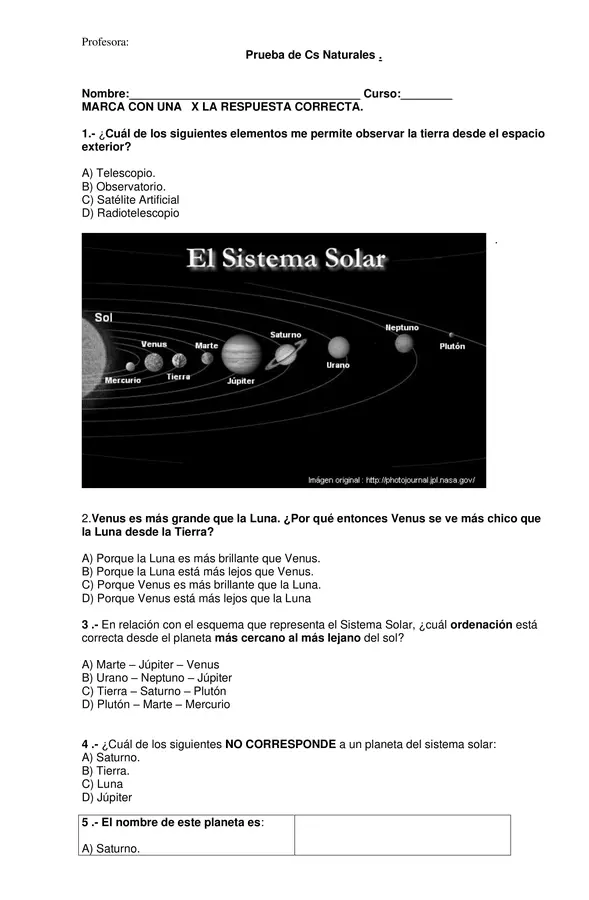 Evaluación Sistema solar, 3°básico"