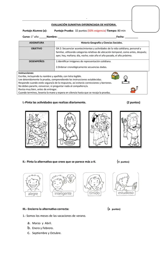 Evaluación sumativa de Historia y geografía 