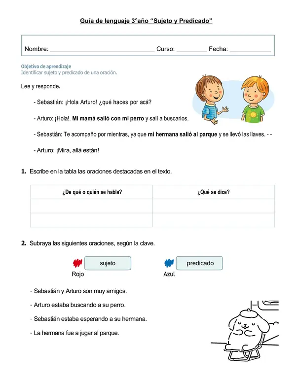 Guía de lenguaje 3°año "Sujeto y Predicado"