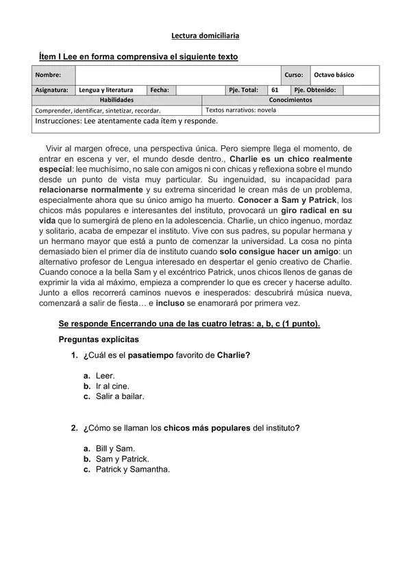Evaluación Lectura domiciliaria "Las ventajas de ser invisible"