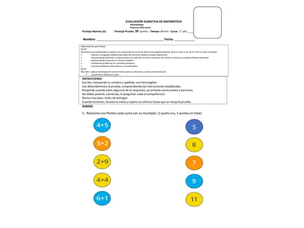 Evaluación de matemática primero básico 