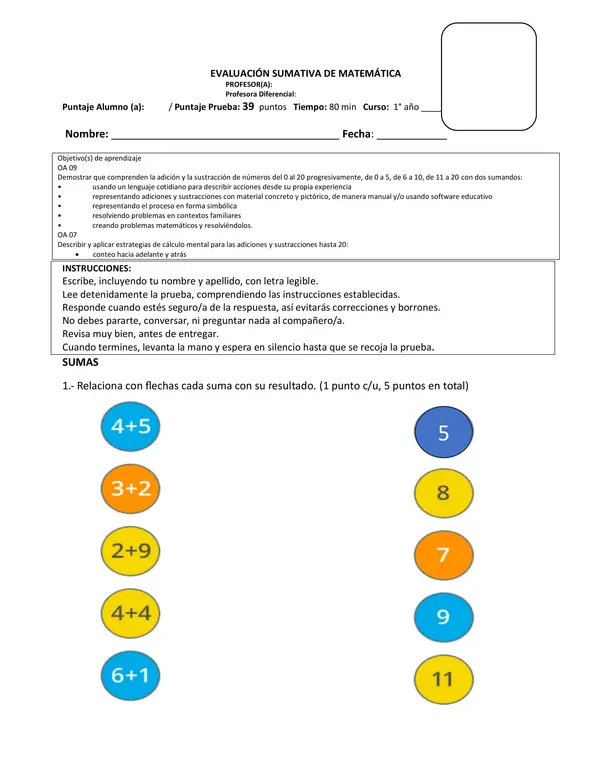 Evaluación de matemática primero básico 