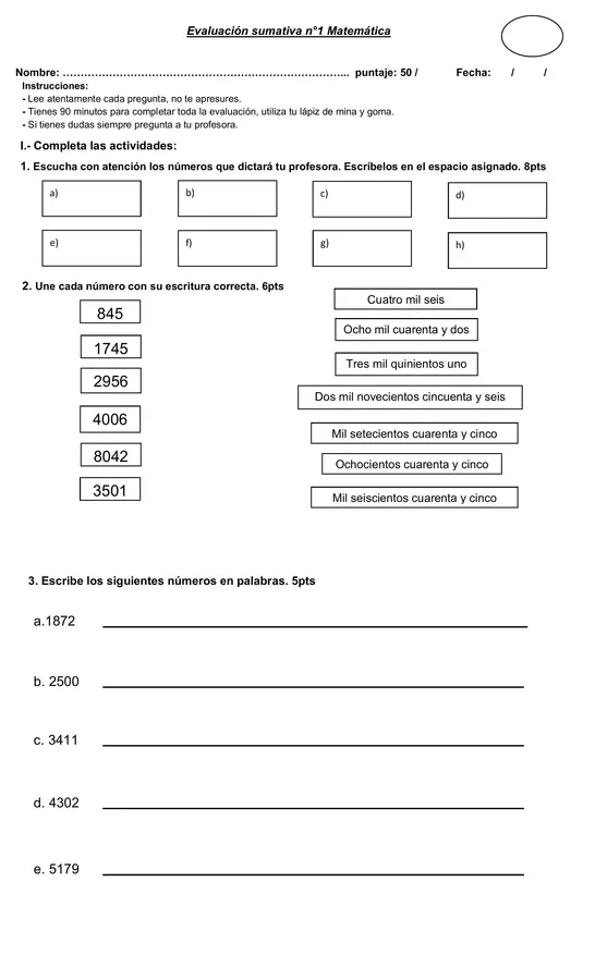 evaluación matemática 4to básico 