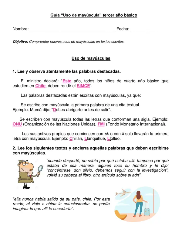 Guía "Uso de mayúscula" Tercer- Cuarto año.