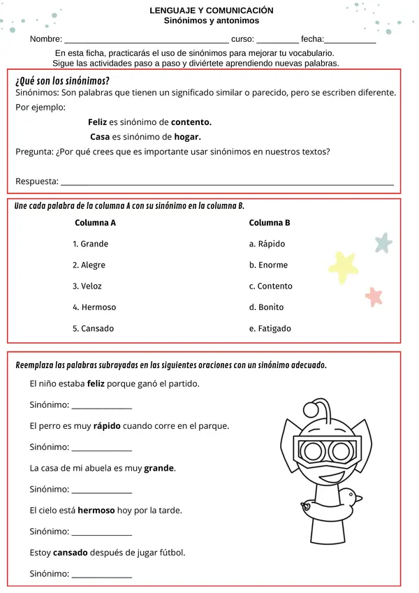 Ficha lista para usar: Sinónimos 2 | Lenguaje y comunicación